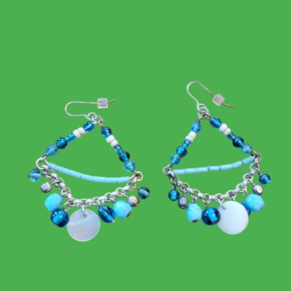 Jewelry - 2" Trapezoid Blue Beaded Dangle Earrings